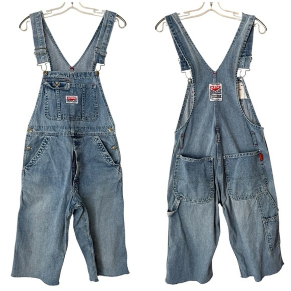 Vtg 90s IKEDA Cut Off Overalls Size Small Denim Jeans Blue Jumpsuit Onesie